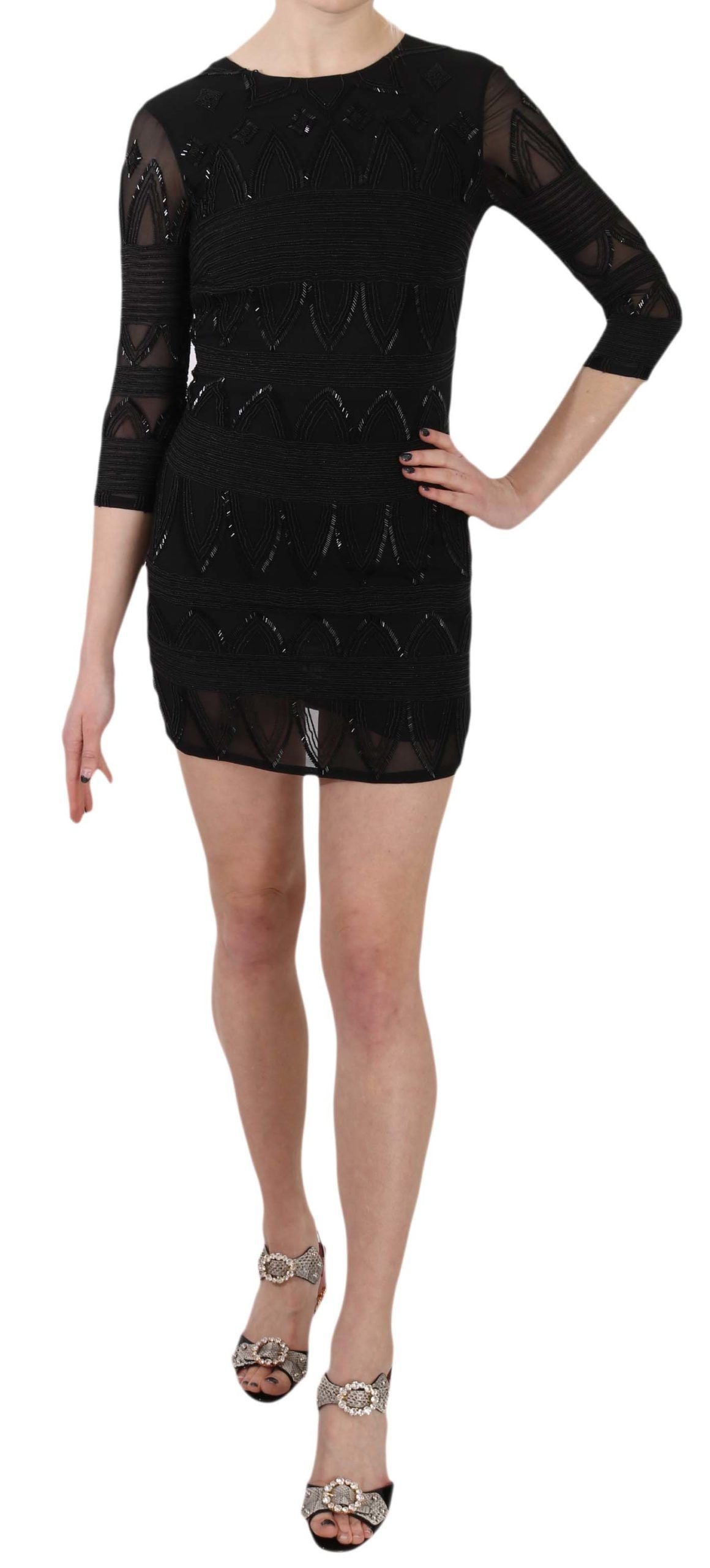 Robe courte droite en soie noire à paillettes John Richmond