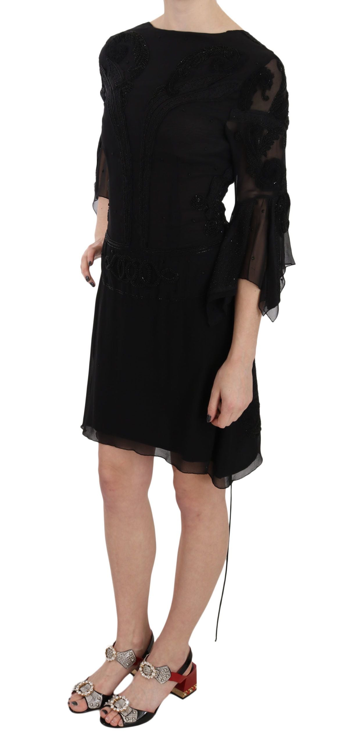 Robe courte droite en soie noire à paillettes John Richmond