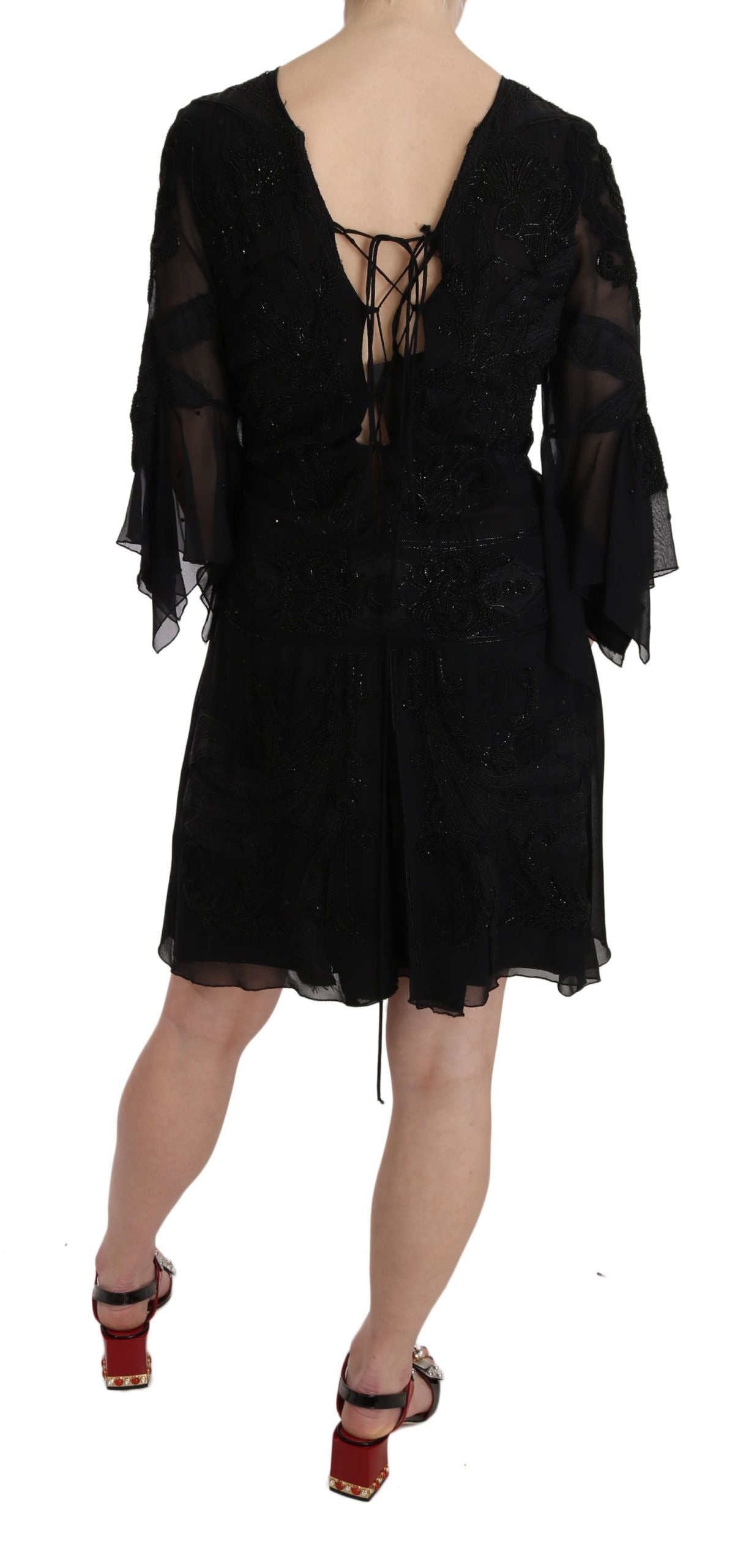 Robe courte droite en soie noire à paillettes John Richmond