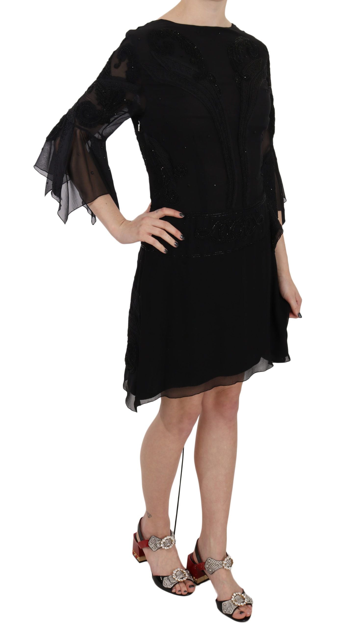 Robe courte droite en soie noire à paillettes John Richmond