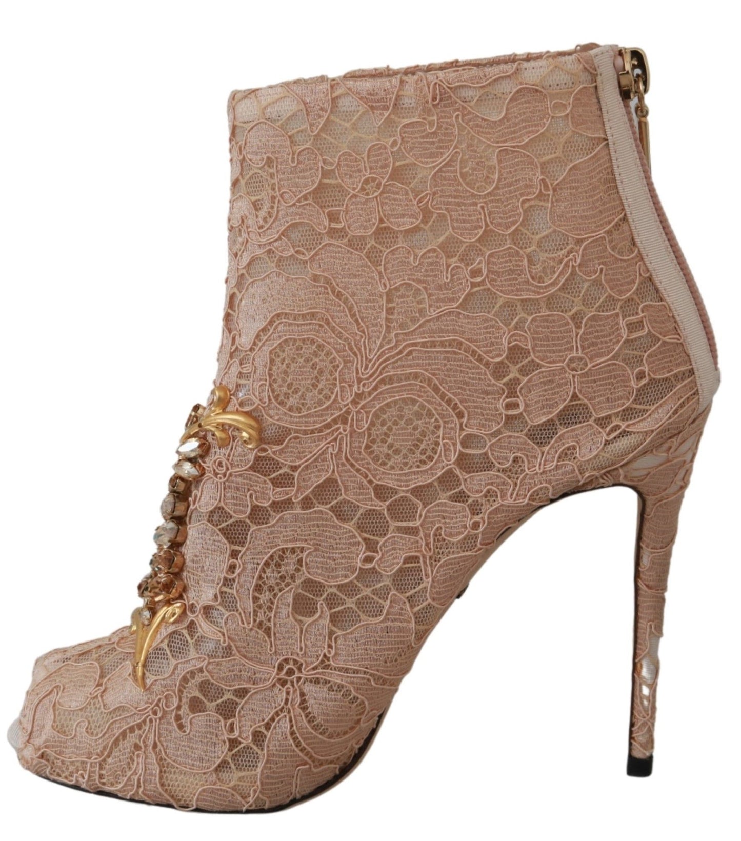 Bottines à talons aiguilles en dentelle et cristaux roses Dolce & Gabbana