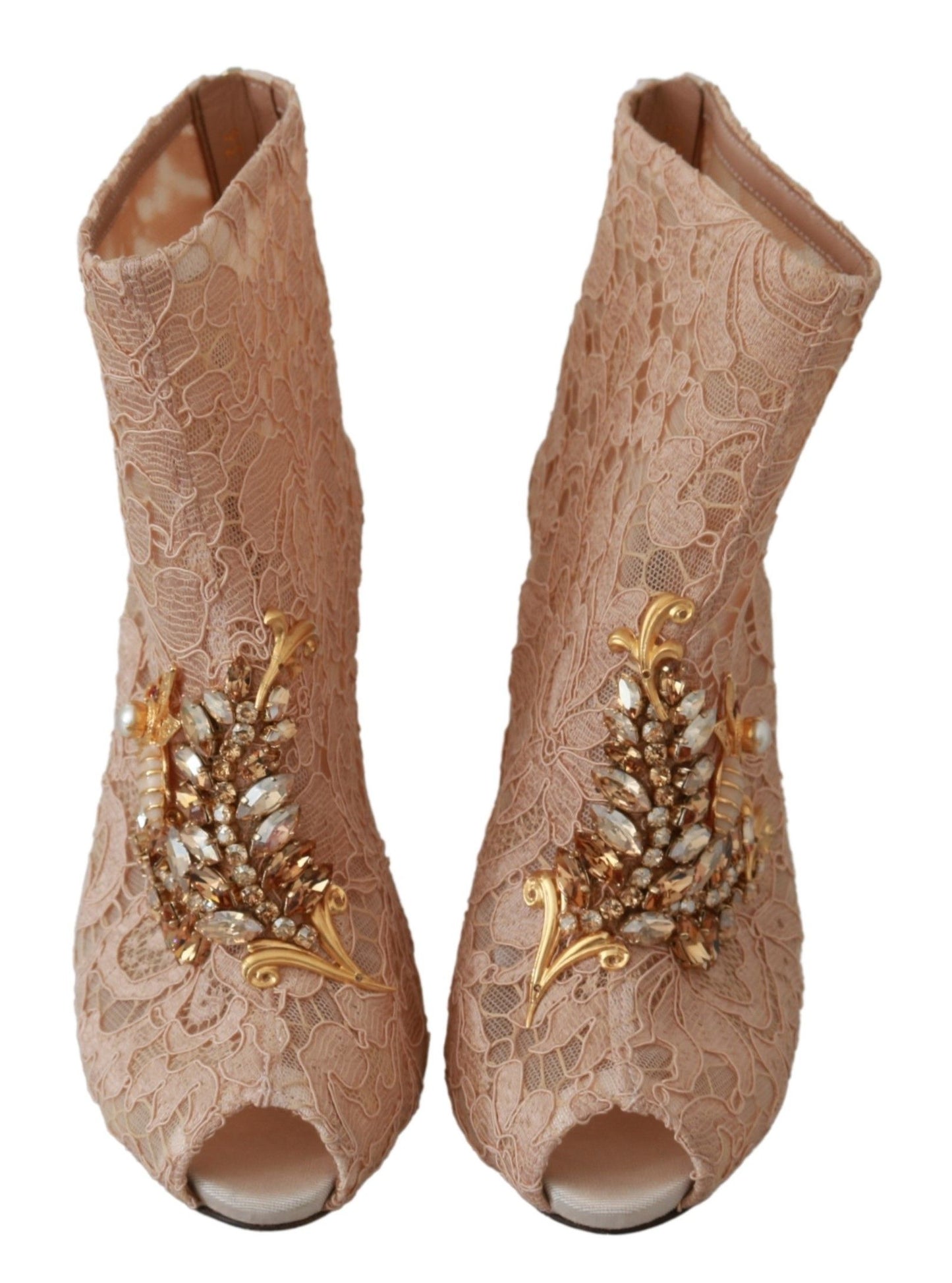 Bottines à talons aiguilles en dentelle et cristaux roses Dolce & Gabbana