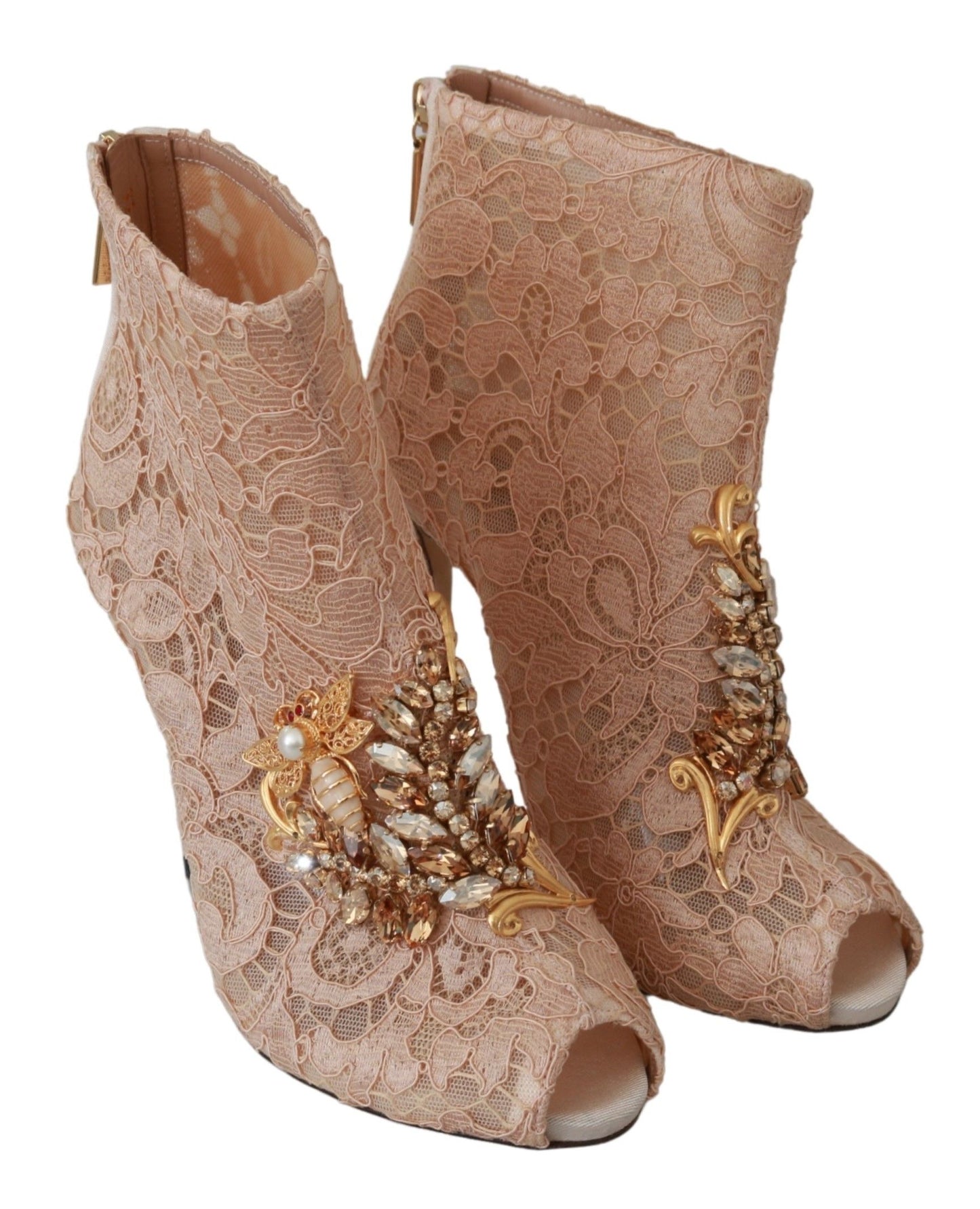 Bottines à talons aiguilles en dentelle et cristaux roses Dolce & Gabbana
