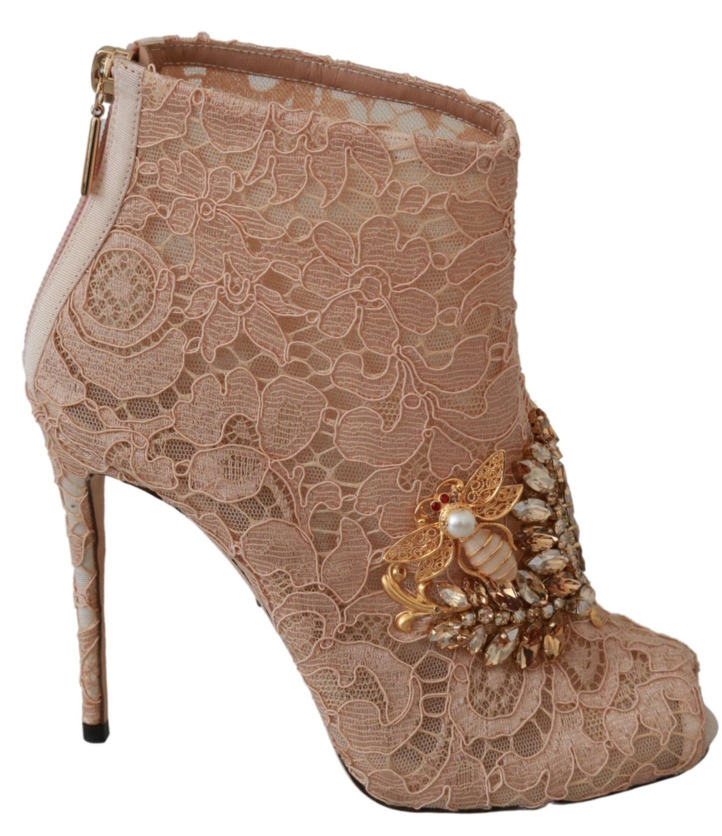 Bottines à talons aiguilles en dentelle et cristaux roses Dolce & Gabbana