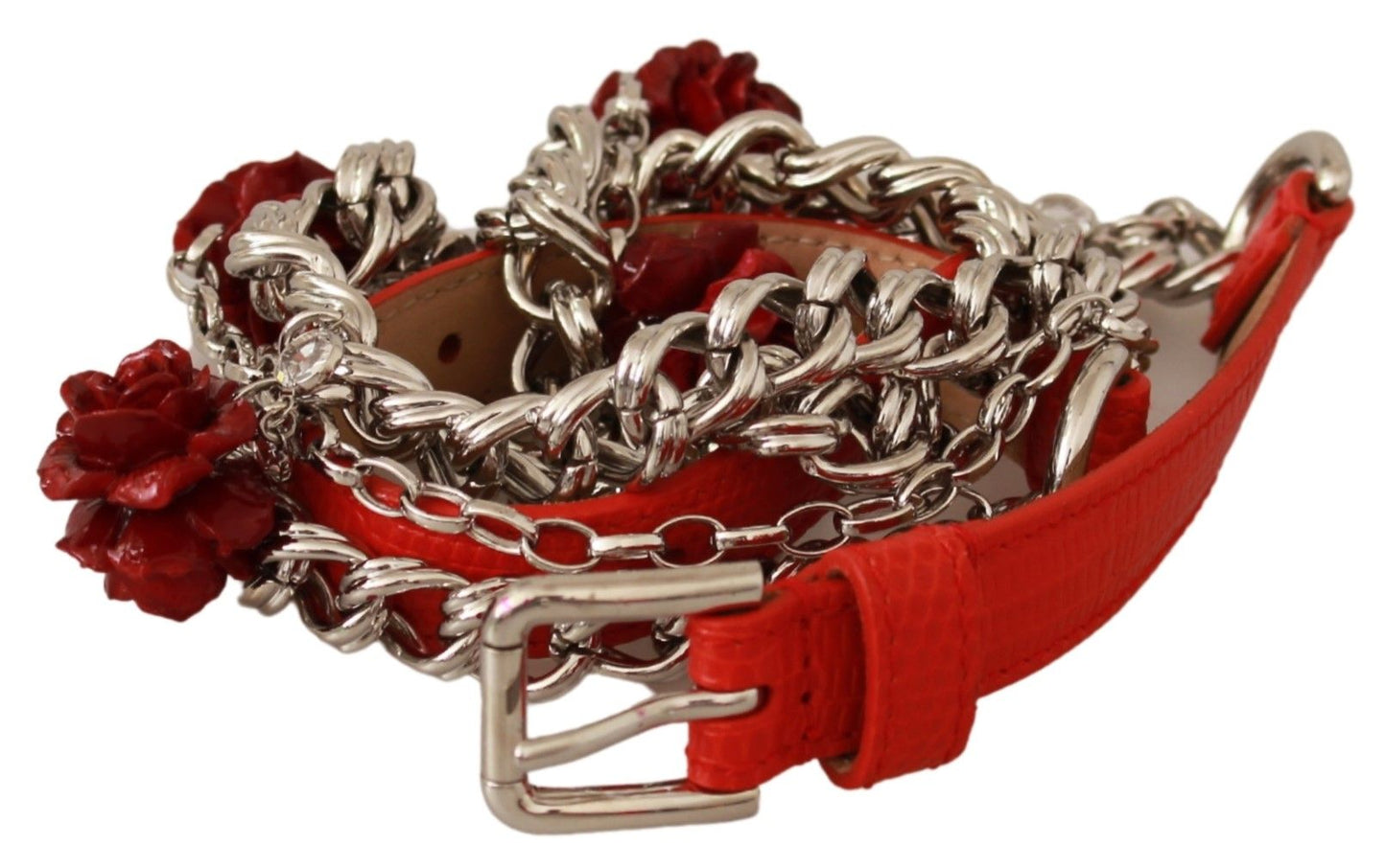 Ceinture Dolce & Gabbana en cuir rouge à fleurs roses argentées