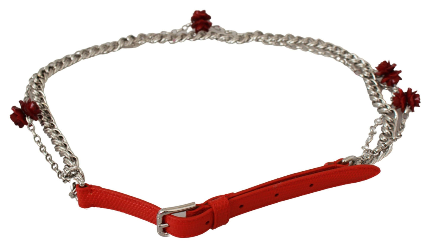 Ceinture Dolce & Gabbana en cuir rouge à fleurs roses argentées