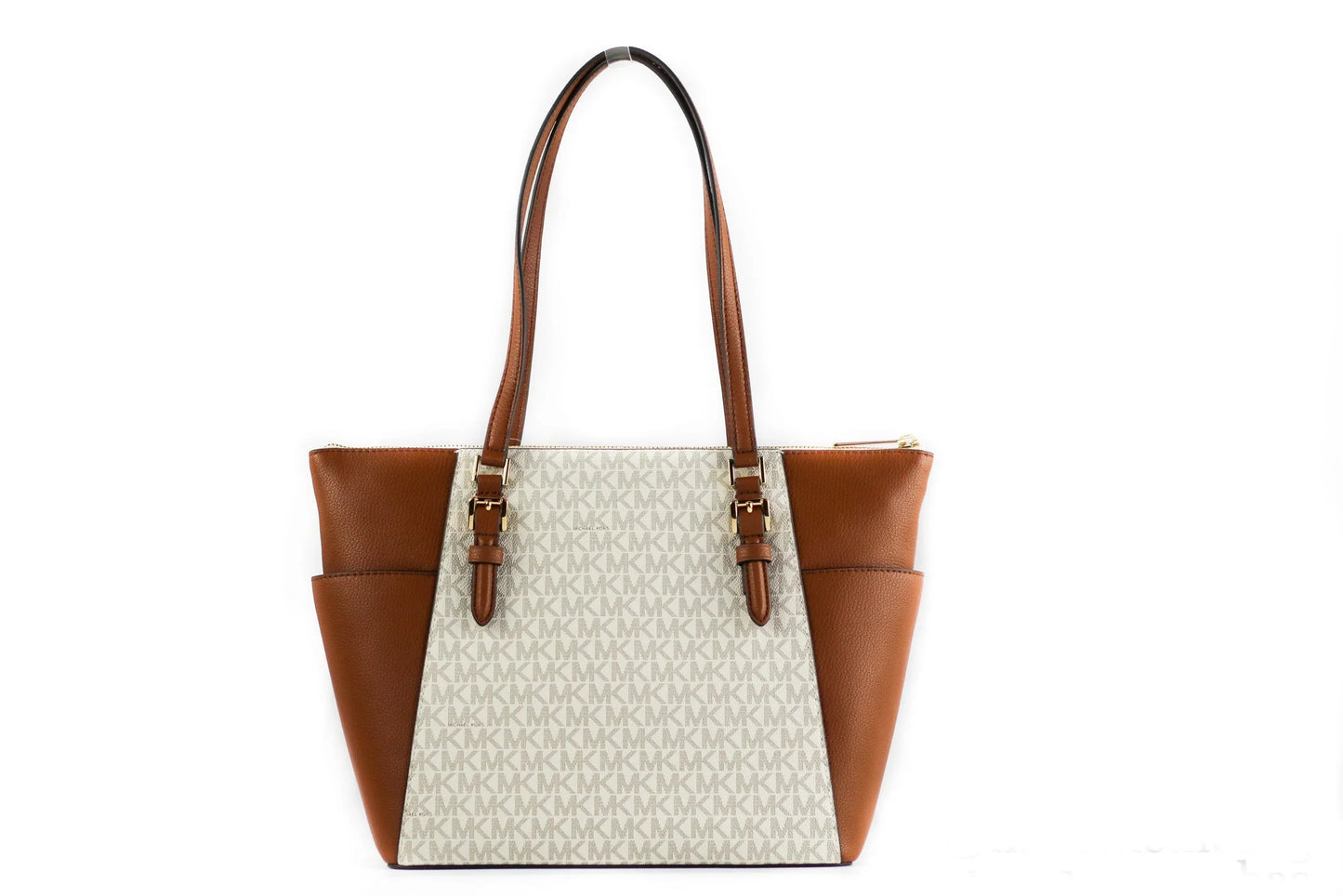 Michael Kors Charlotte Signature Tote Bag aus Leder mit großem Reißverschluss oben (Vanille)