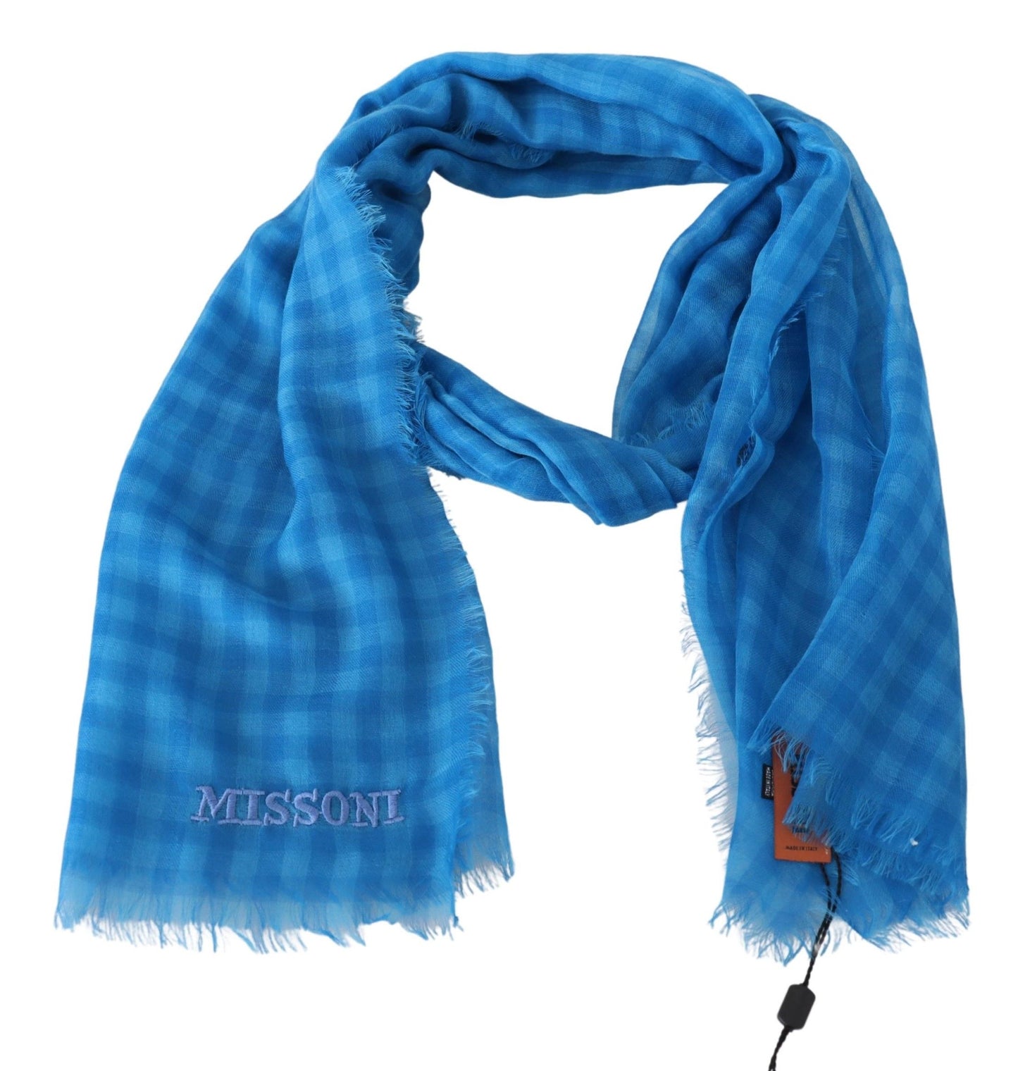 Missoni Blau karierter Unisex-Wickelschal aus Kaschmir mit Fransen