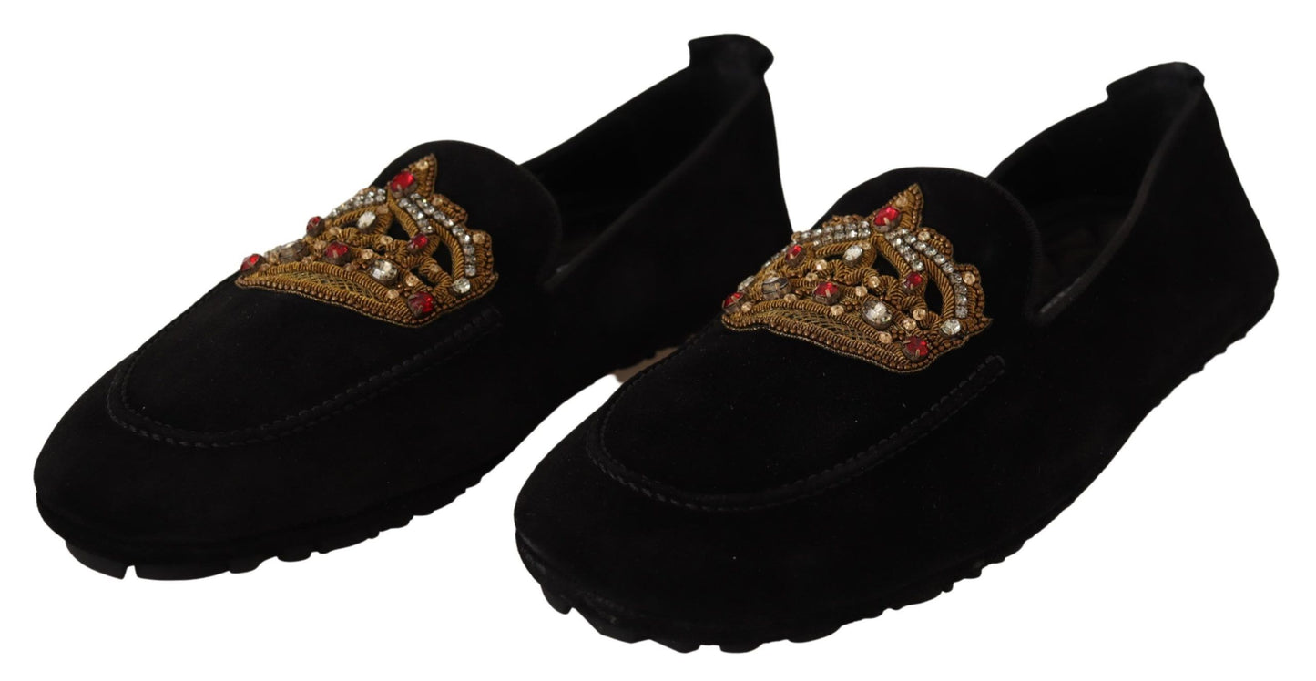 Mocassins Dolce & Gabbana en cuir noir avec couronne dorée et cristaux