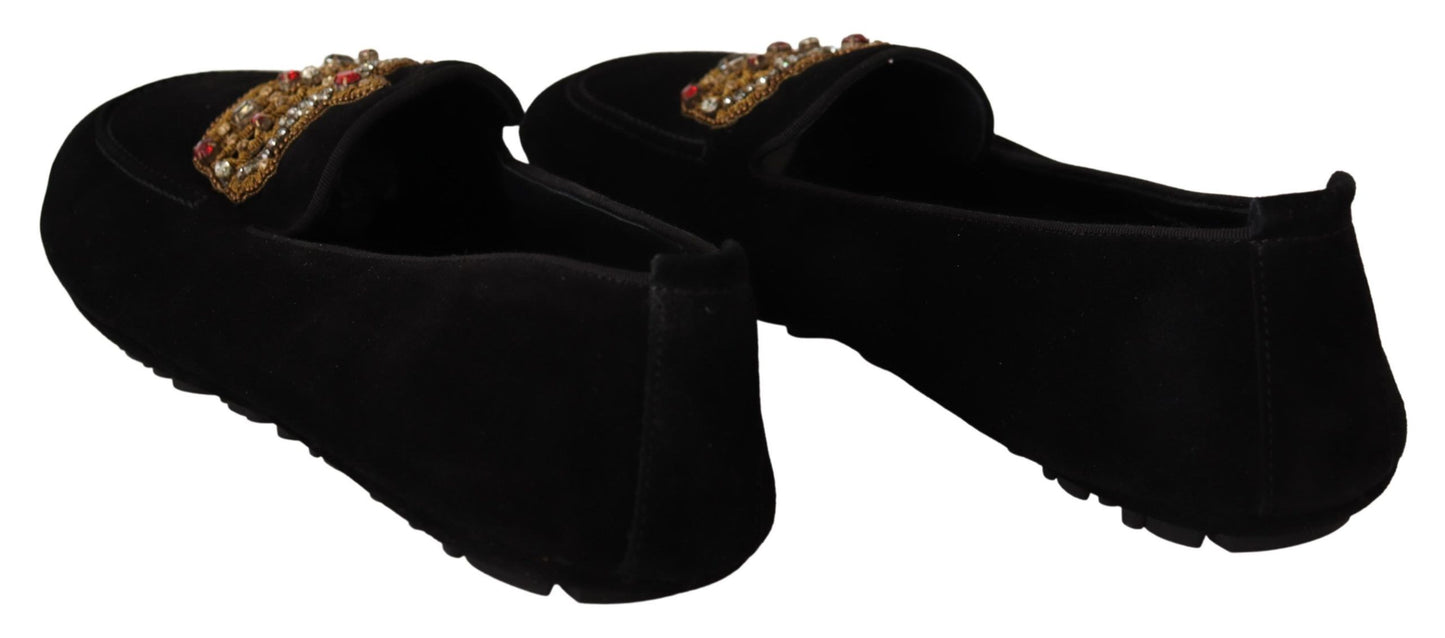Mocassins Dolce & Gabbana en cuir noir avec couronne dorée et cristaux