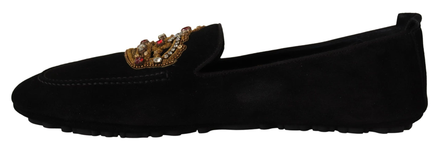 Mocassins Dolce & Gabbana en cuir noir avec couronne dorée et cristaux