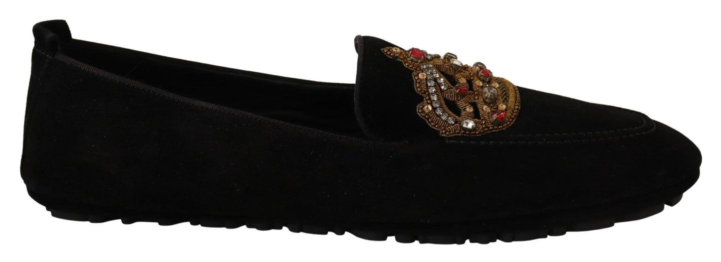 Mocassins Dolce & Gabbana en cuir noir avec couronne dorée et cristaux