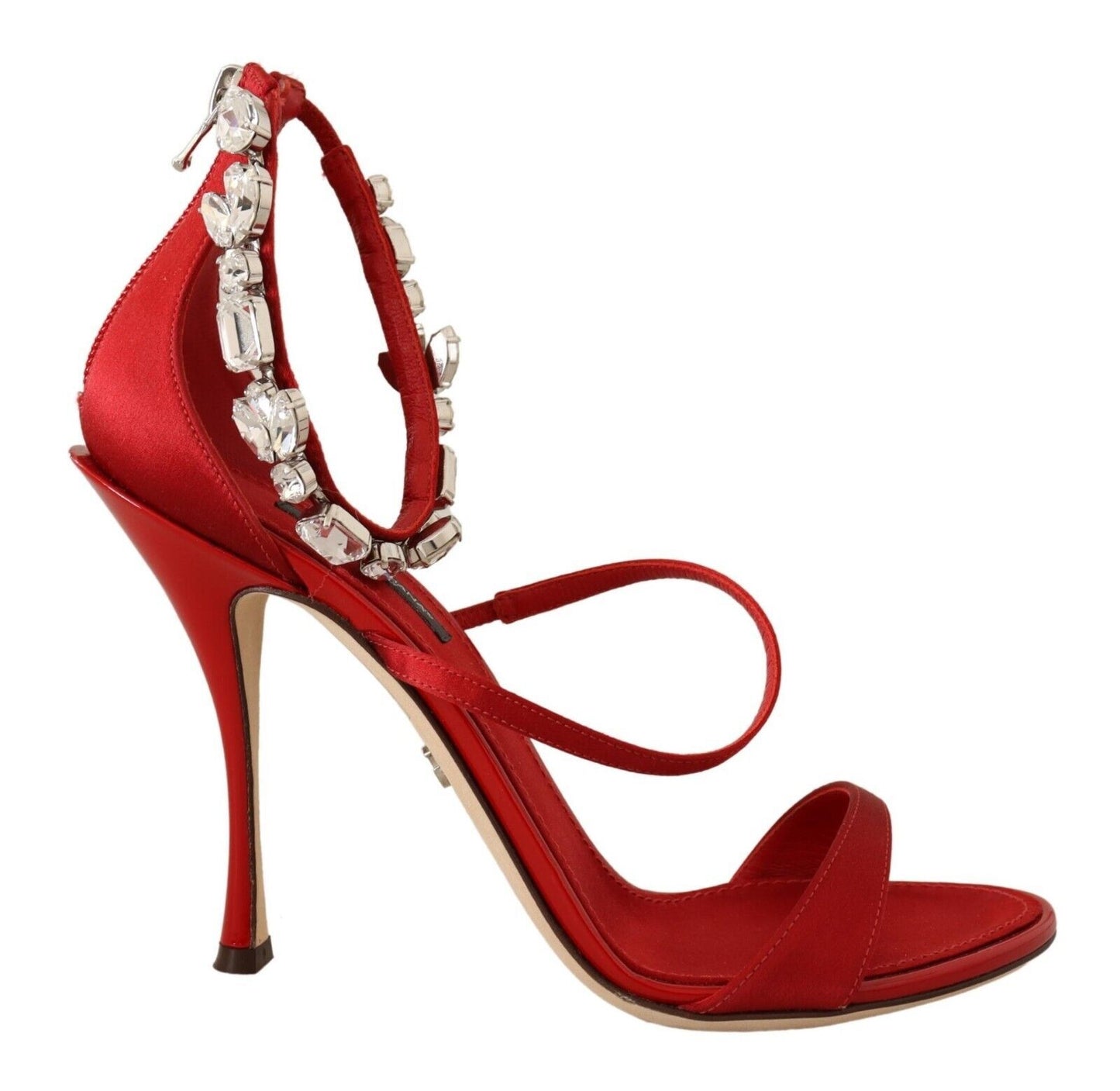 Sandales Dolce & Gabbana en satin rouge et cristaux, chaussures à talons Keira