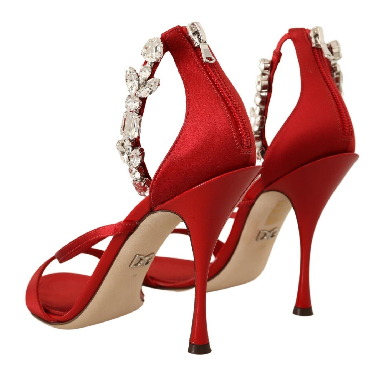 Sandales Dolce & Gabbana en satin rouge et cristaux, chaussures à talons Keira