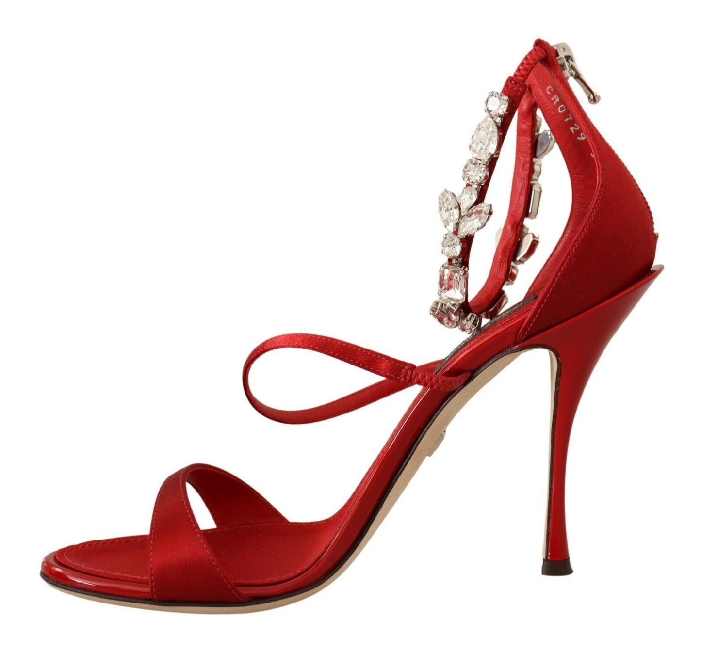 Sandales Dolce & Gabbana en satin rouge et cristaux, chaussures à talons Keira