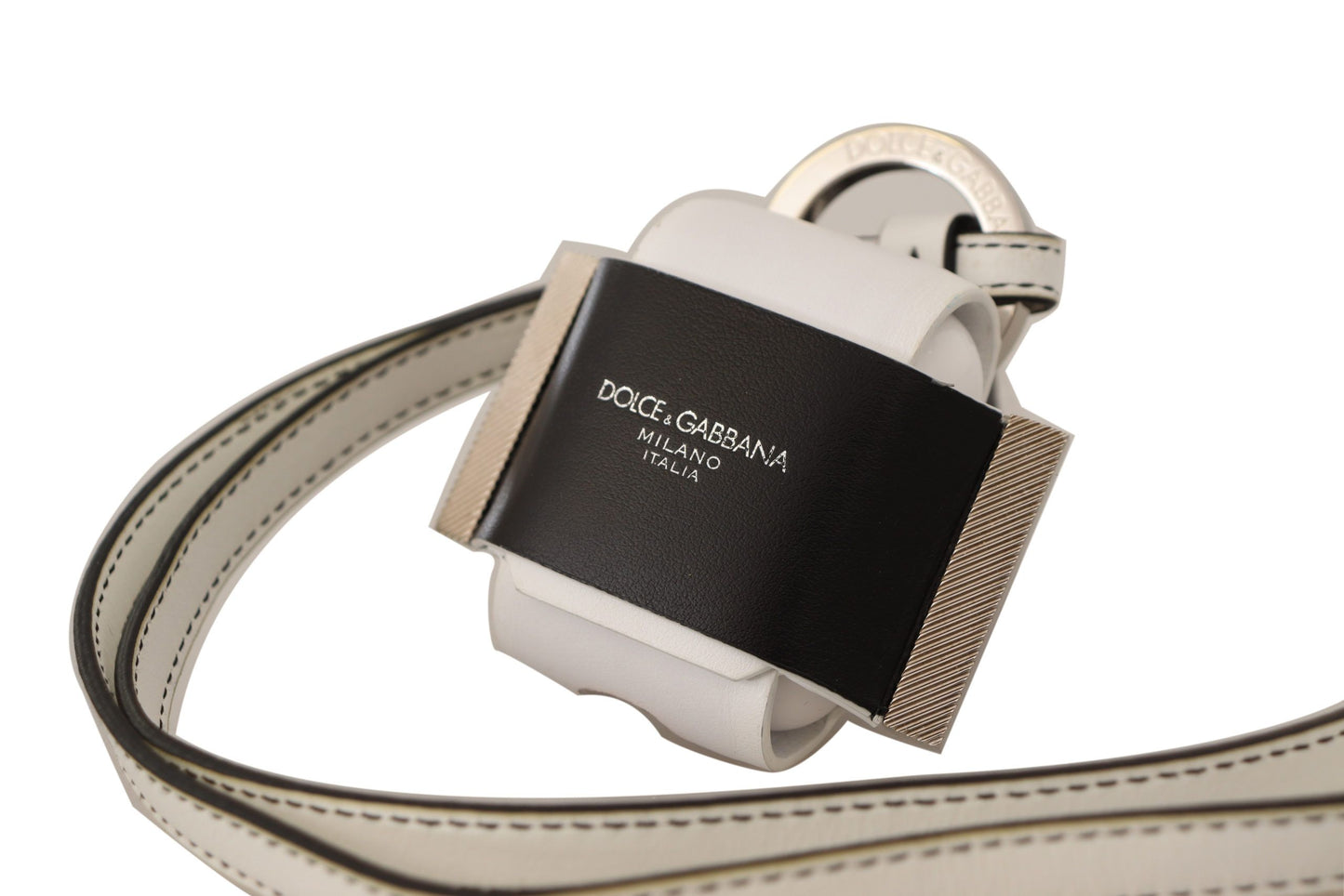 Étui pour Airpods Dolce & Gabbana avec bracelet en cuir blanc et noir et logo en métal argenté