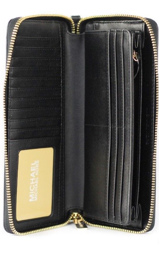 Michael Kors Jet Set Travel – Große Continental-Handgelenksbrieftasche aus schwarzem Kieselleder