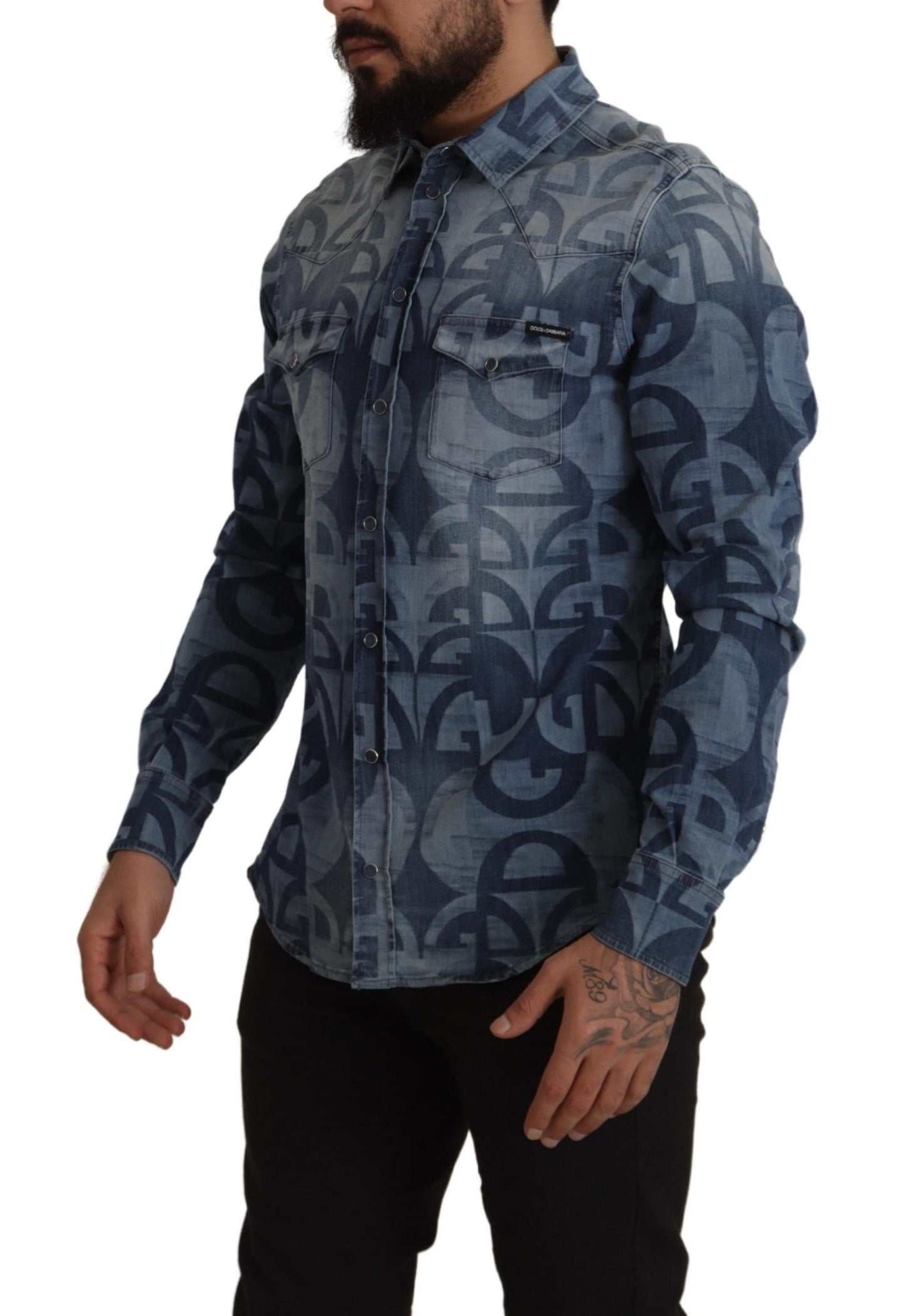 Chemise slim décontractée en denim bleu stretch avec logo DG pour homme Dolce & Gabbana