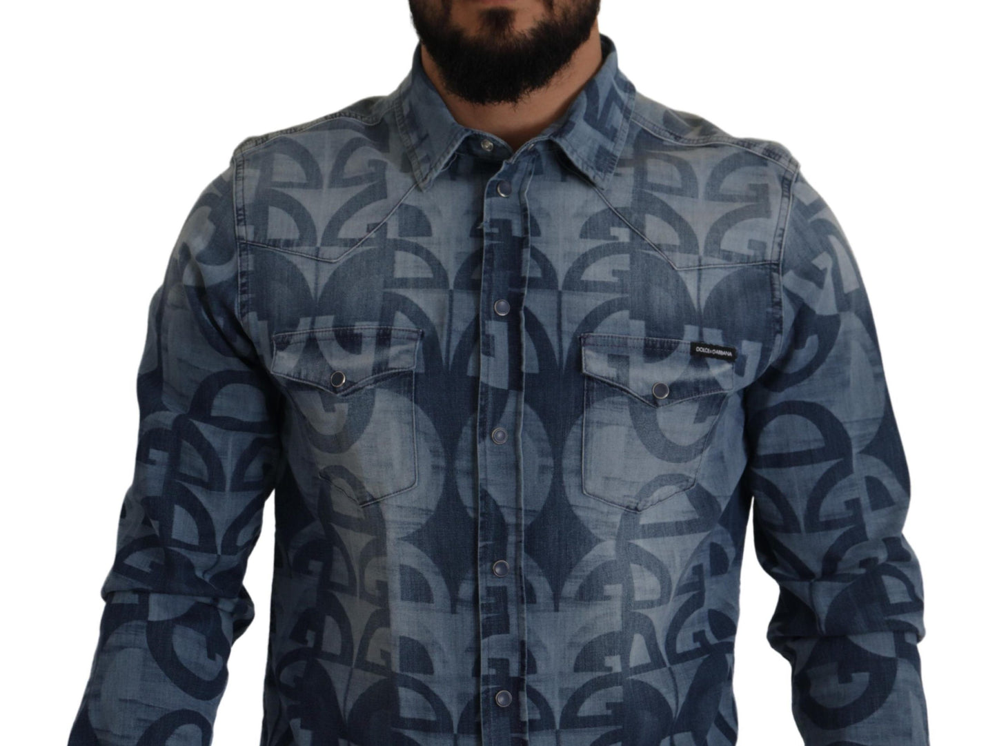 Chemise slim décontractée en denim bleu stretch avec logo DG pour homme Dolce & Gabbana