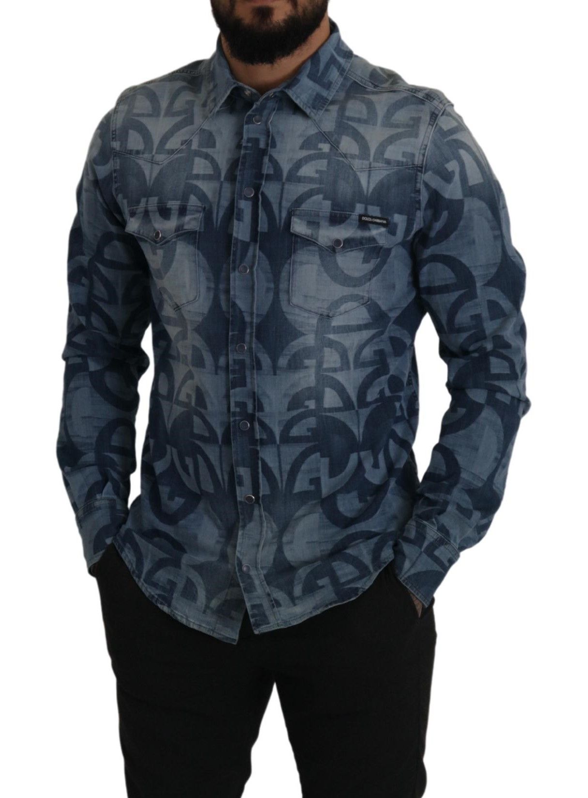 Chemise slim décontractée en denim bleu stretch avec logo DG pour homme Dolce & Gabbana
