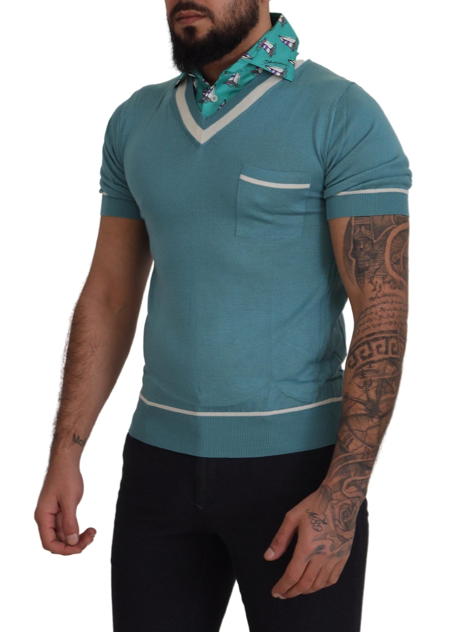 Polo en soie bleu Dolce & Gabbana pour homme, t-shirt col V