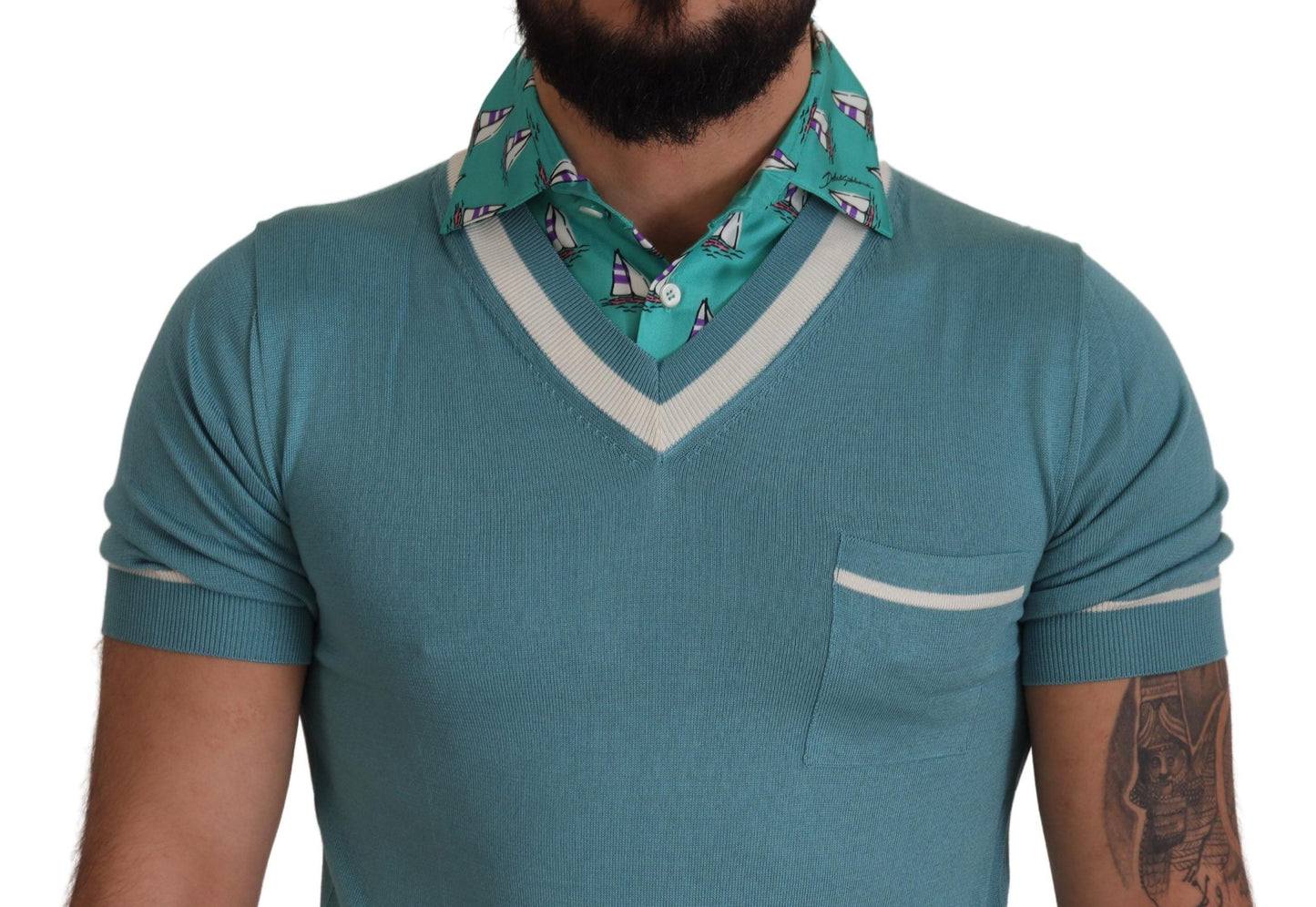 Polo en soie bleu Dolce & Gabbana pour homme, t-shirt col V