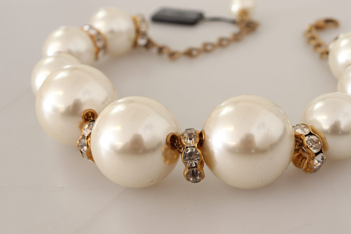 Dolce & Gabbana Gold Brass White Maxi Faux Pearl Beads Crystals Necklace