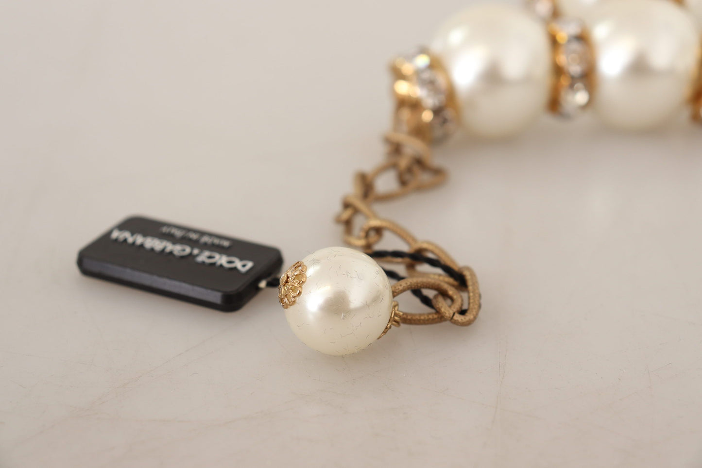 Dolce & Gabbana Gold Brass White Maxi Faux Pearl Beads Crystals Necklace