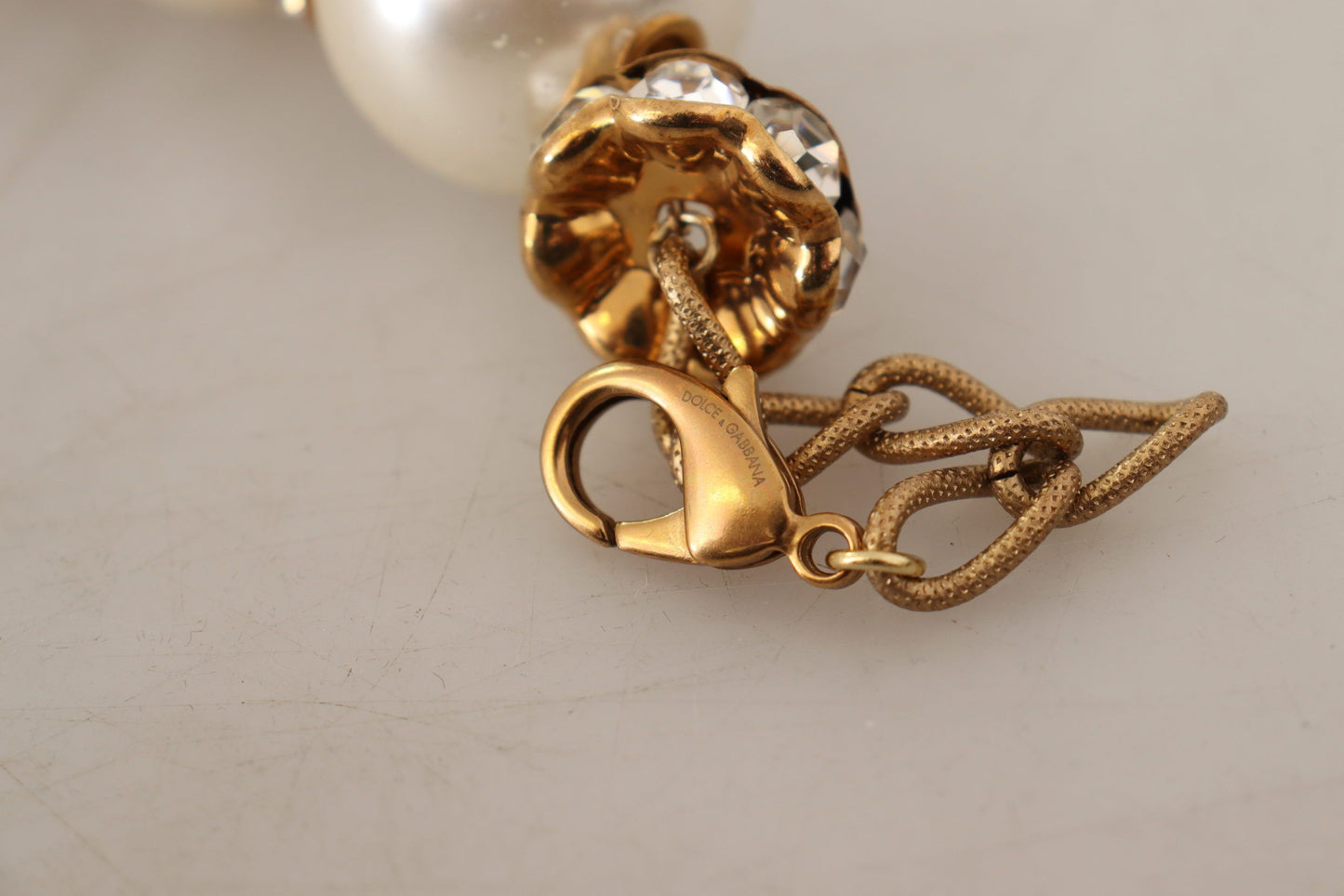 Dolce & Gabbana Gold Brass White Maxi Faux Pearl Beads Crystals Necklace