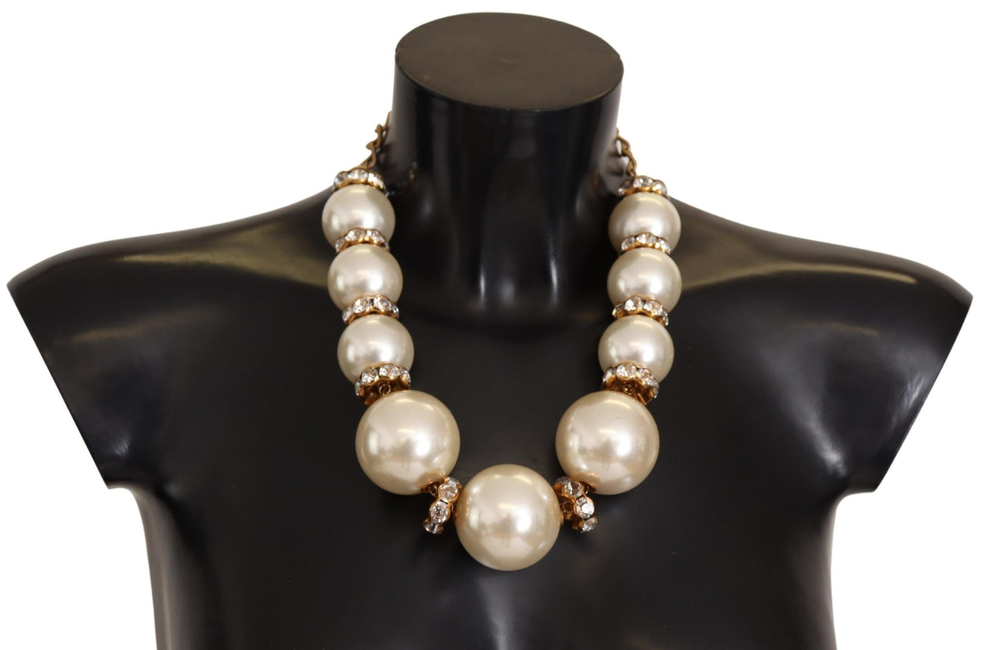 Dolce & Gabbana Gold Brass White Maxi Faux Pearl Beads Crystals Necklace