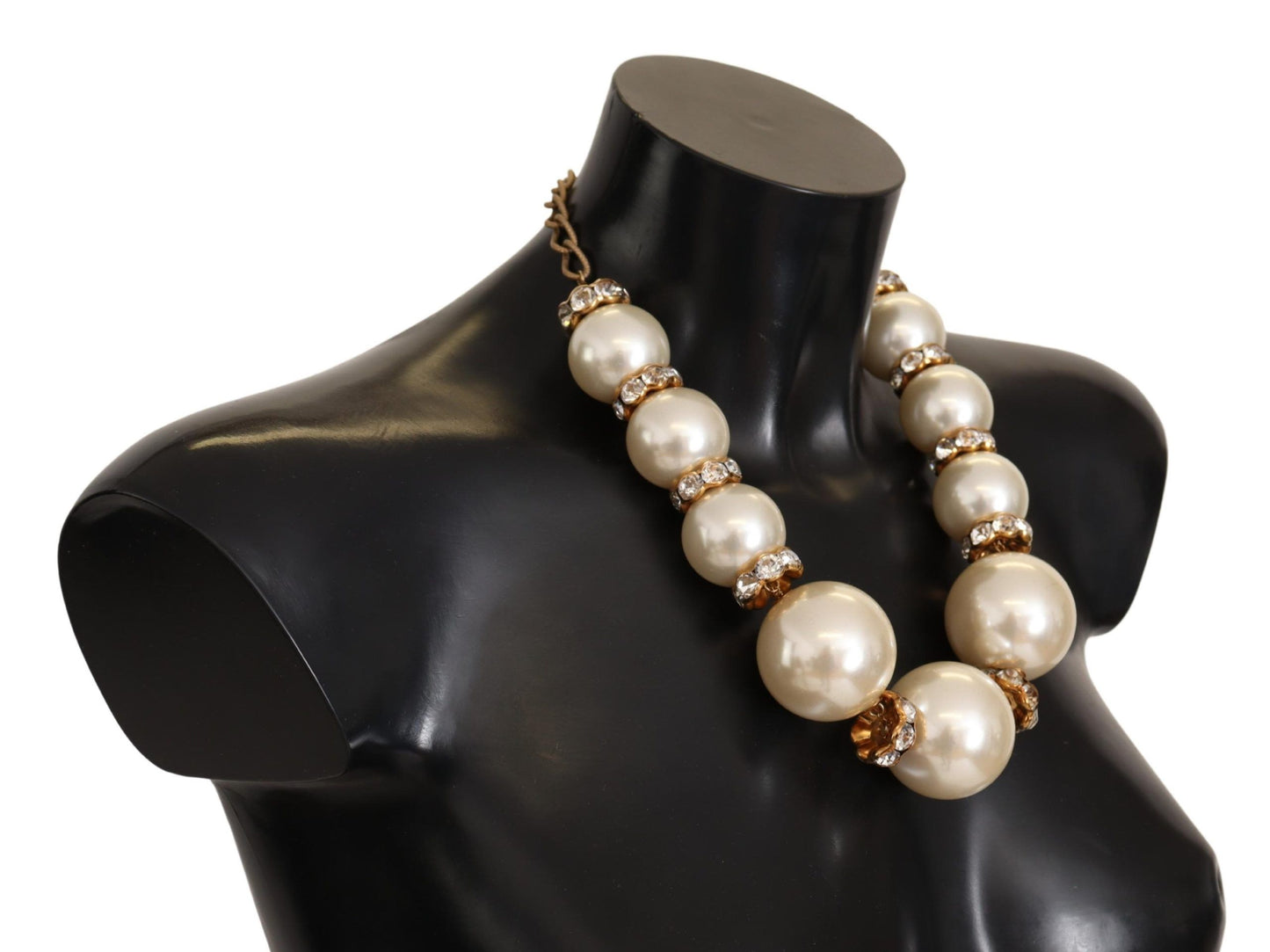 Dolce & Gabbana Gold Brass White Maxi Faux Pearl Beads Crystals Necklace