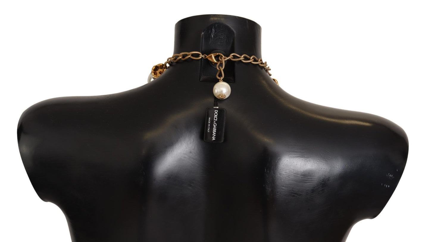 Dolce & Gabbana Gold Brass White Maxi Faux Pearl Beads Crystals Necklace