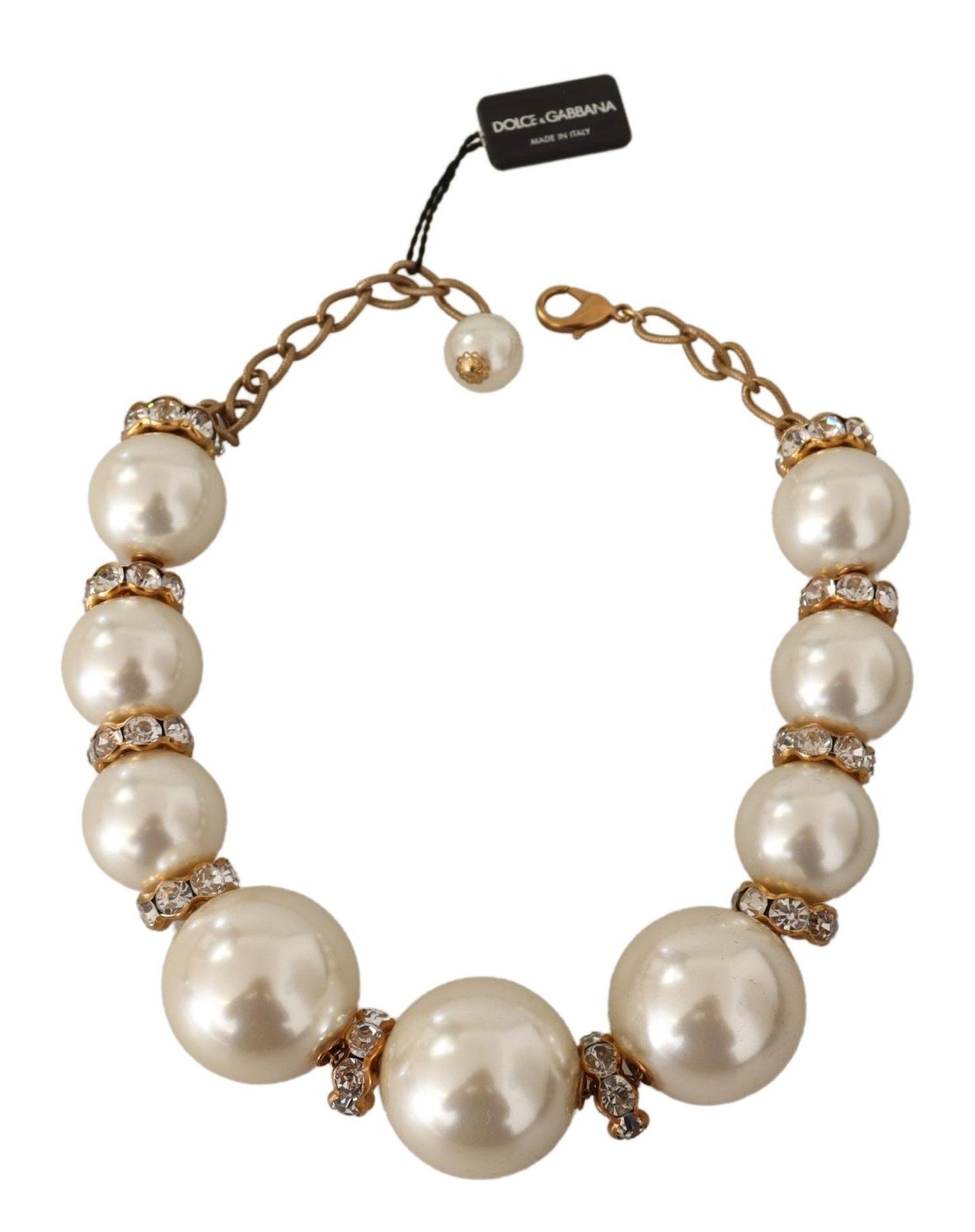Dolce & Gabbana Gold Brass White Maxi Faux Pearl Beads Crystals Necklace
