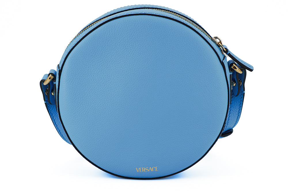 Versace Chic, runde Umhängetasche aus blauem Leder
