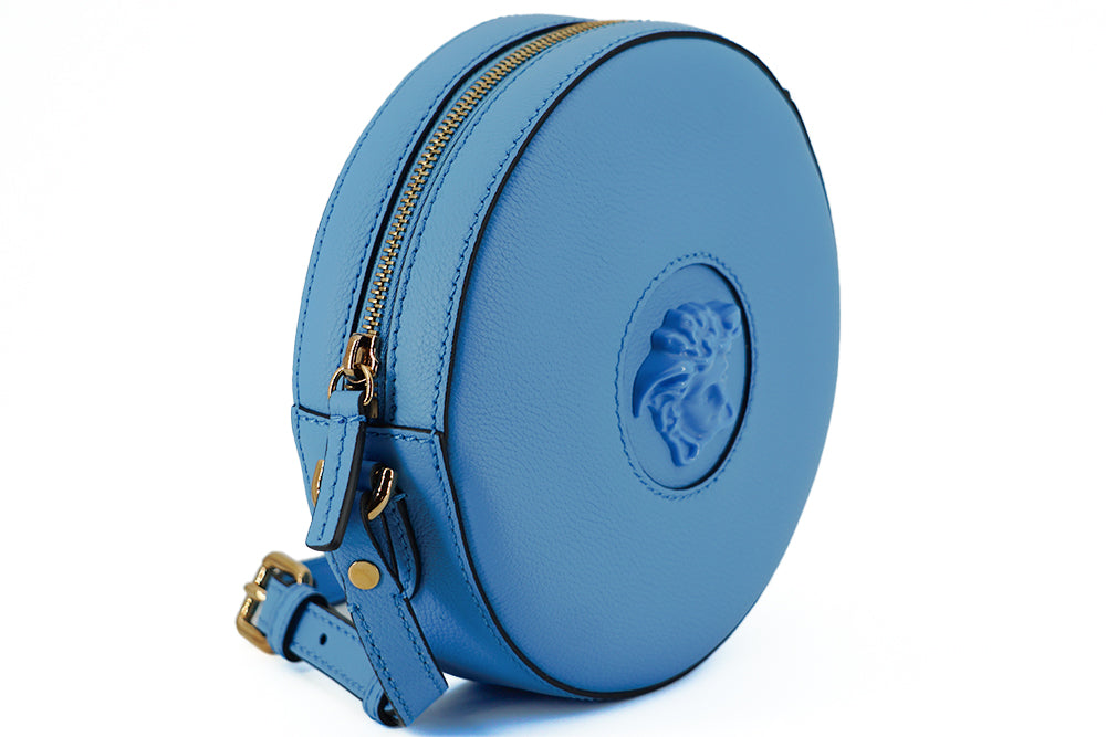 Versace Chic, runde Umhängetasche aus blauem Leder
