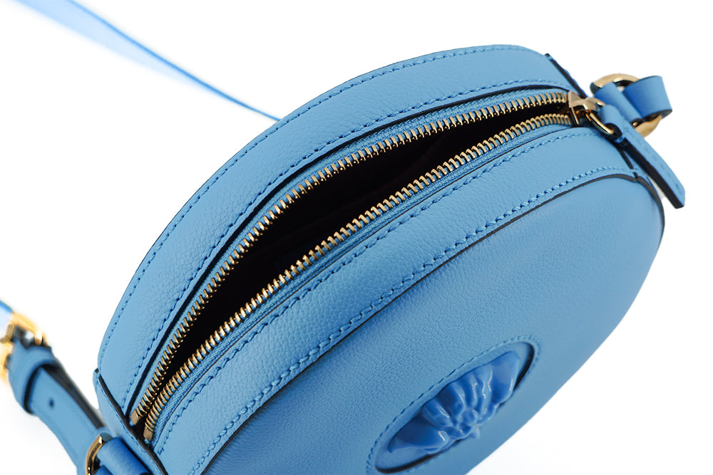 Versace Chic, runde Umhängetasche aus blauem Leder