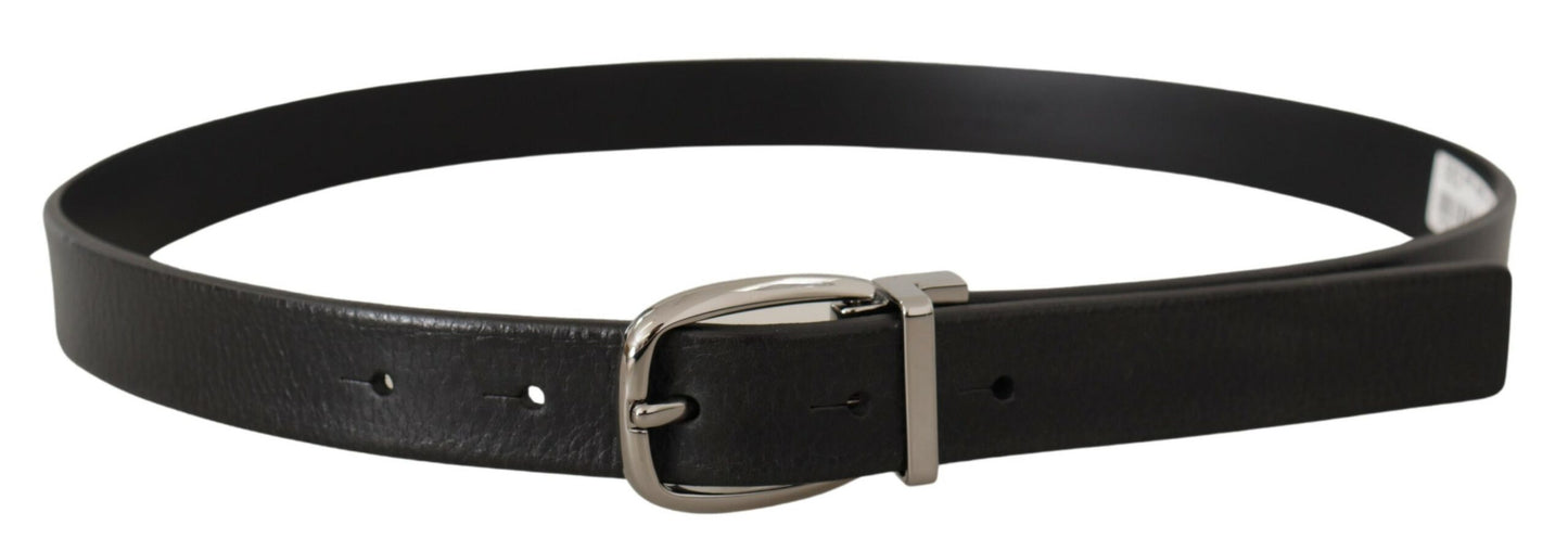Ceinture en cuir noir Dolce & Gabbana avec boucle en métal argenté chromé et logo.