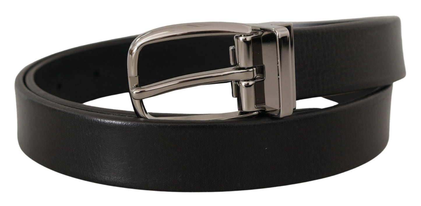 Ceinture en cuir noir Dolce & Gabbana avec boucle en métal argenté chromé et logo.