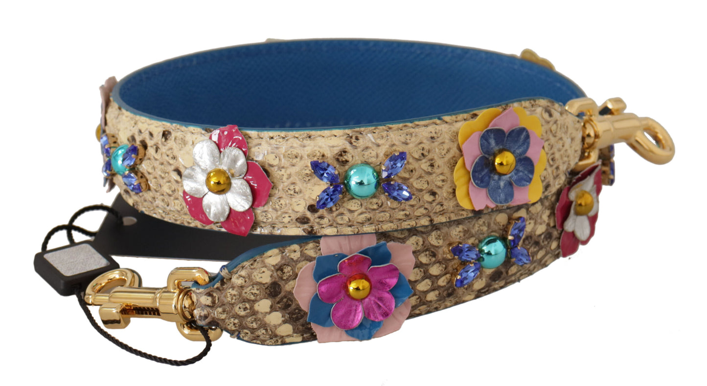 حقيبة كتف من Dolce & Gabbana مصنوعة من جلد الأفعى البيج مزينة بزخارف زهور وأحجار مزيفة.