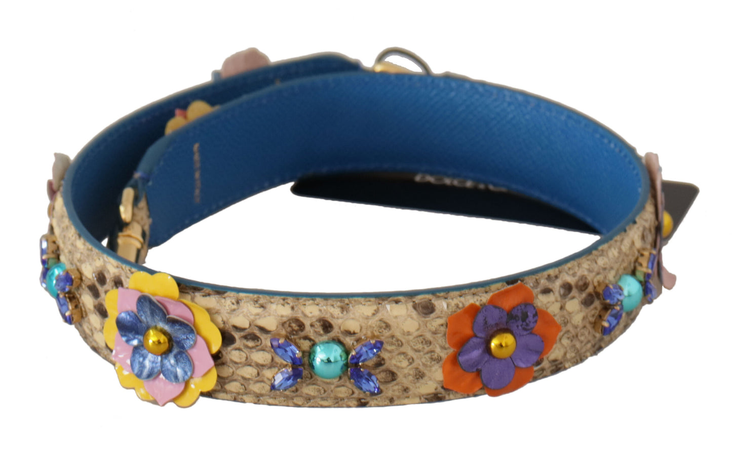 حقيبة كتف من Dolce & Gabbana مصنوعة من جلد الأفعى البيج مزينة بزخارف زهور وأحجار مزيفة.