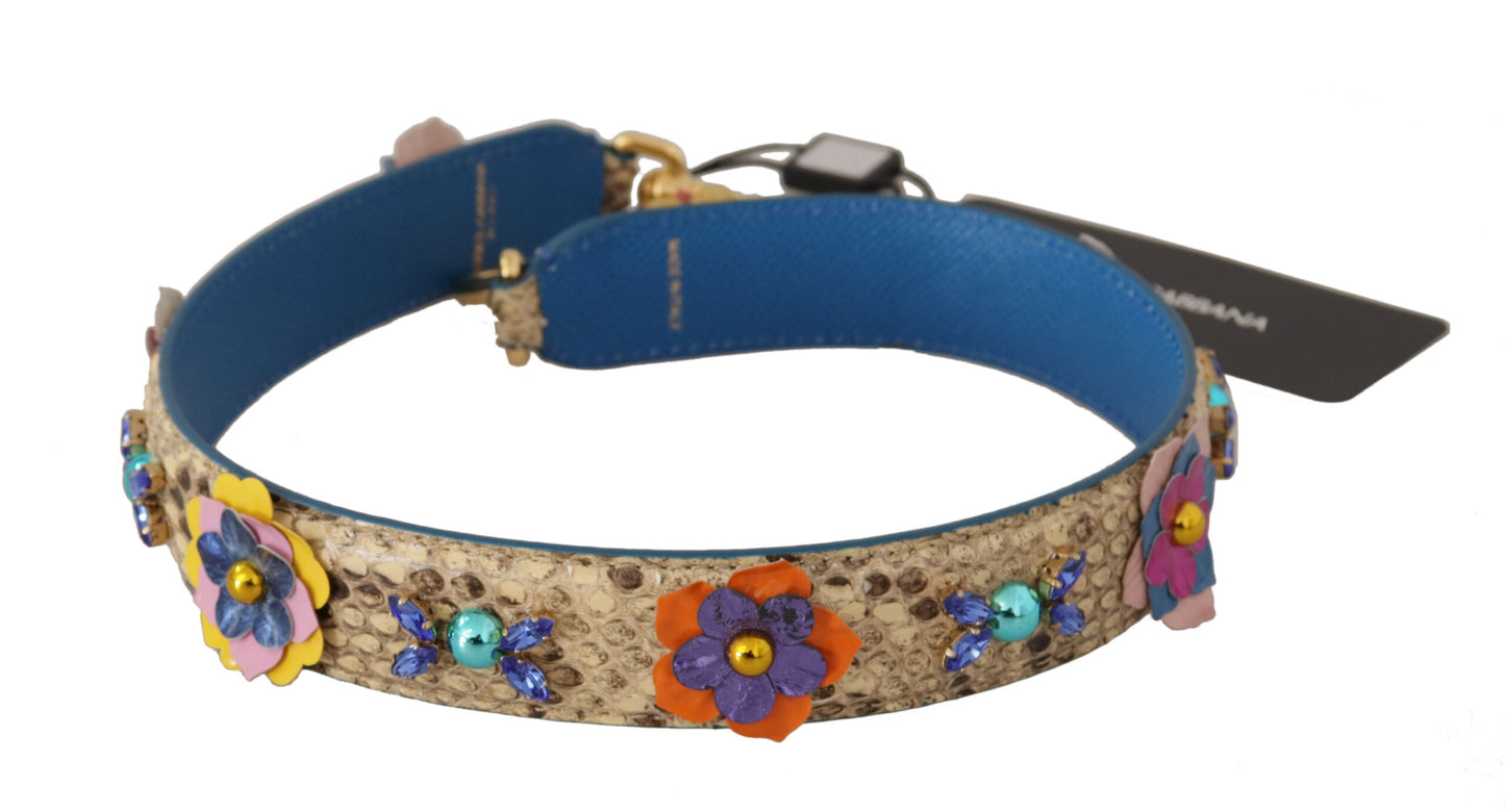 حقيبة كتف من Dolce & Gabbana مصنوعة من جلد الأفعى البيج مزينة بزخارف زهور وأحجار مزيفة.