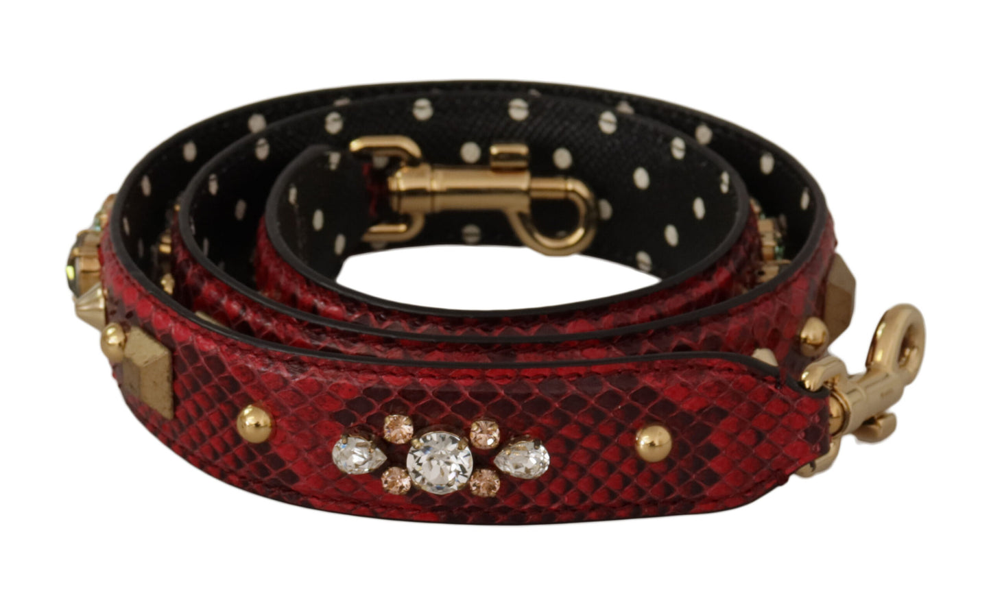 حقيبة يد من Dolce & Gabbana مصنوعة من جلد الأفعى الأحمر مع أحجار كريستال، قابلة للعكس، مع حزام كتف.
