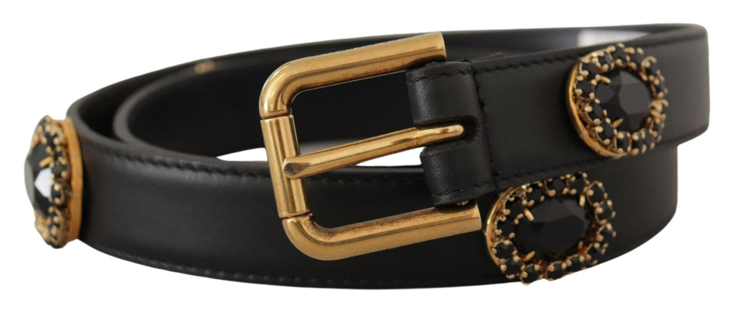 Ceinture Dolce & Gabbana en cuir noir ornée de cristaux et logo