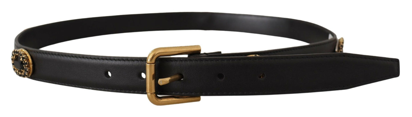 Ceinture Dolce & Gabbana en cuir noir ornée de cristaux et logo