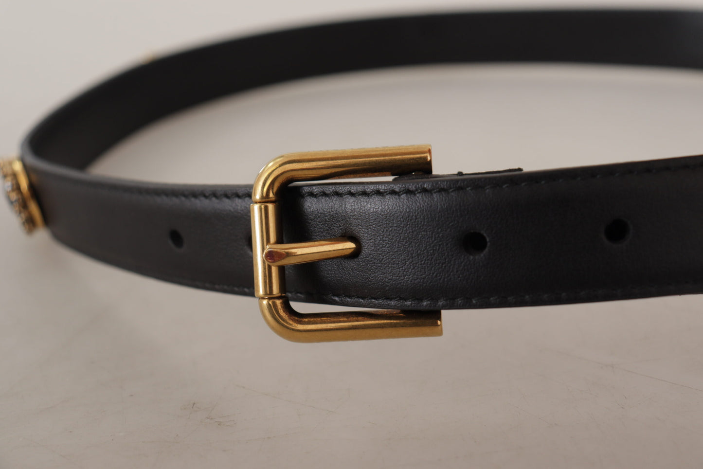 Ceinture Dolce & Gabbana en cuir noir ornée de cristaux et logo