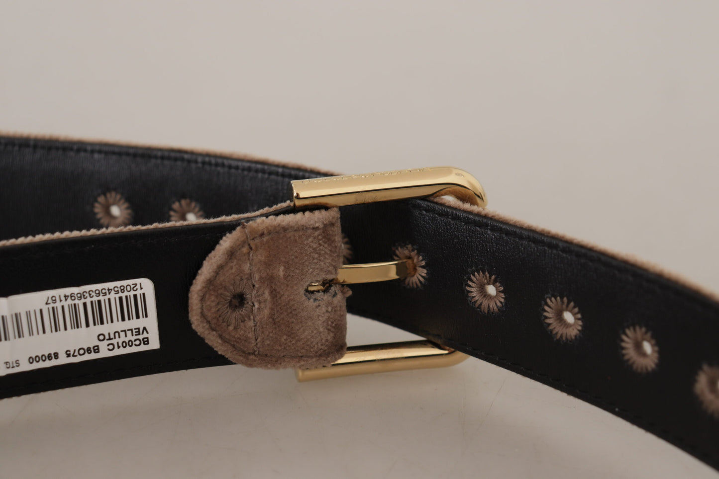 Ceinture Dolce & Gabbana en velours marron clair avec logo doré et boucle en métal