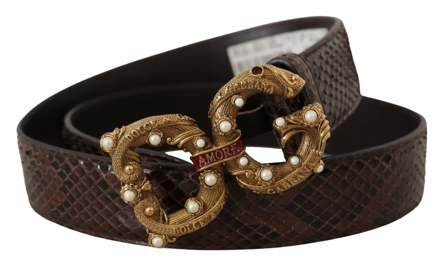 Ceinture à boucle logo en cuir exotique à imprimé animalier Dolce & Gabbana marron Amore