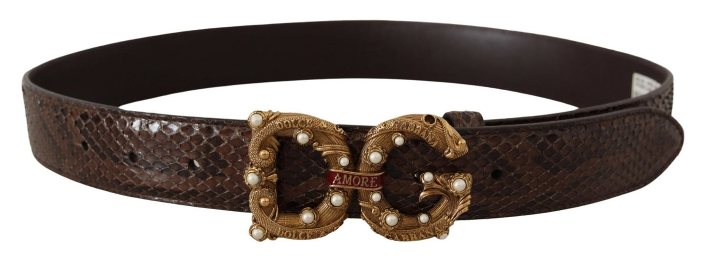 Ceinture à boucle logo en cuir exotique à imprimé animalier Dolce & Gabbana marron Amore