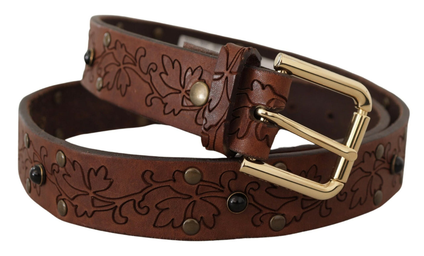 Ceinture Dolce & Gabbana en cuir marron avec boucle en métal cloutée et florale