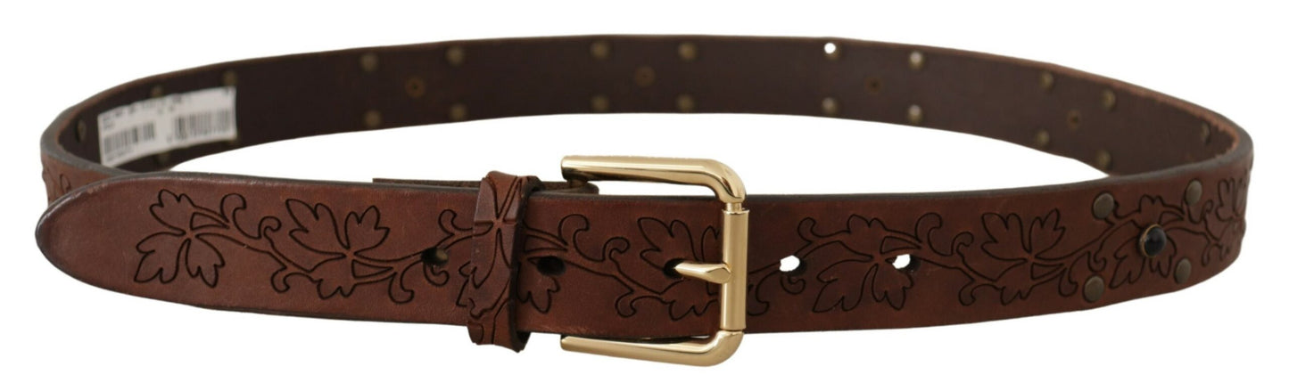 Ceinture Dolce & Gabbana en cuir marron avec boucle en métal cloutée et florale